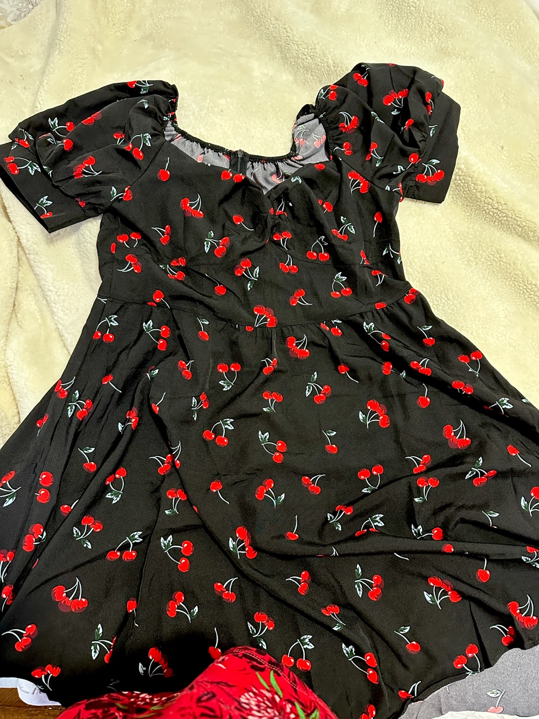 Black Cherry Print Puff Sleeve Dress - Size L - photo 3