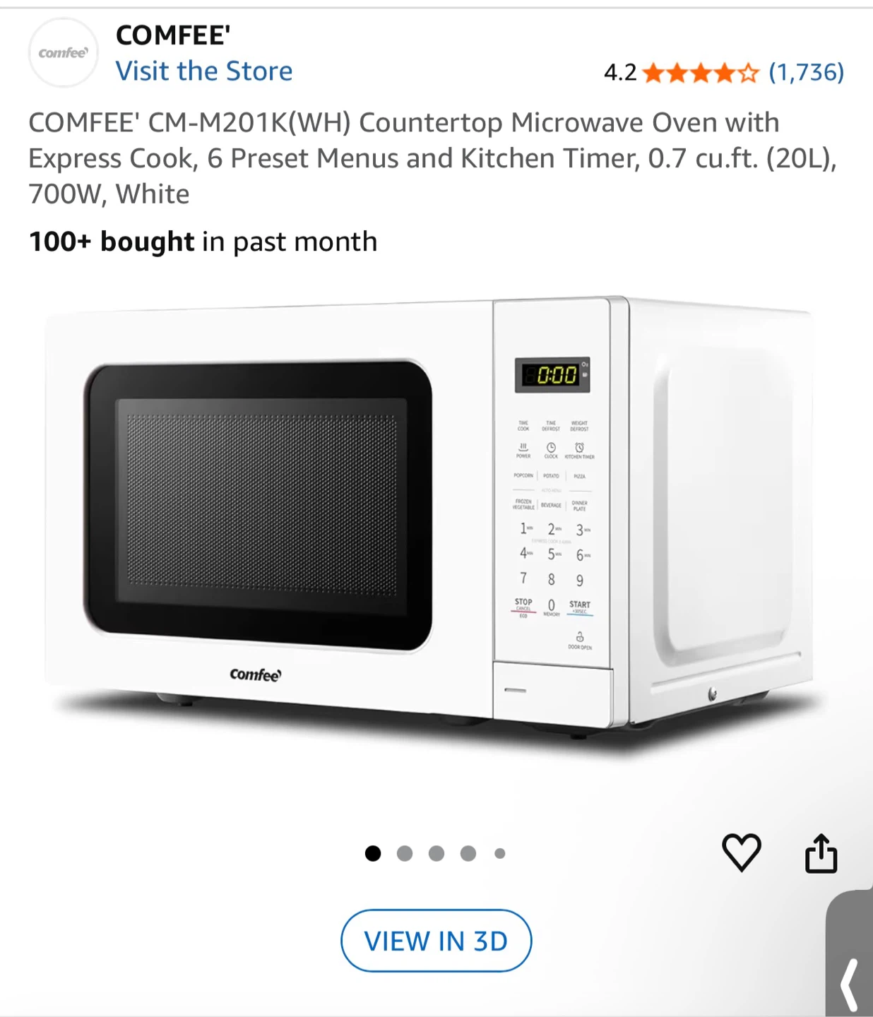 COMFEE CM-M201K Countertop Microwave Oven - White