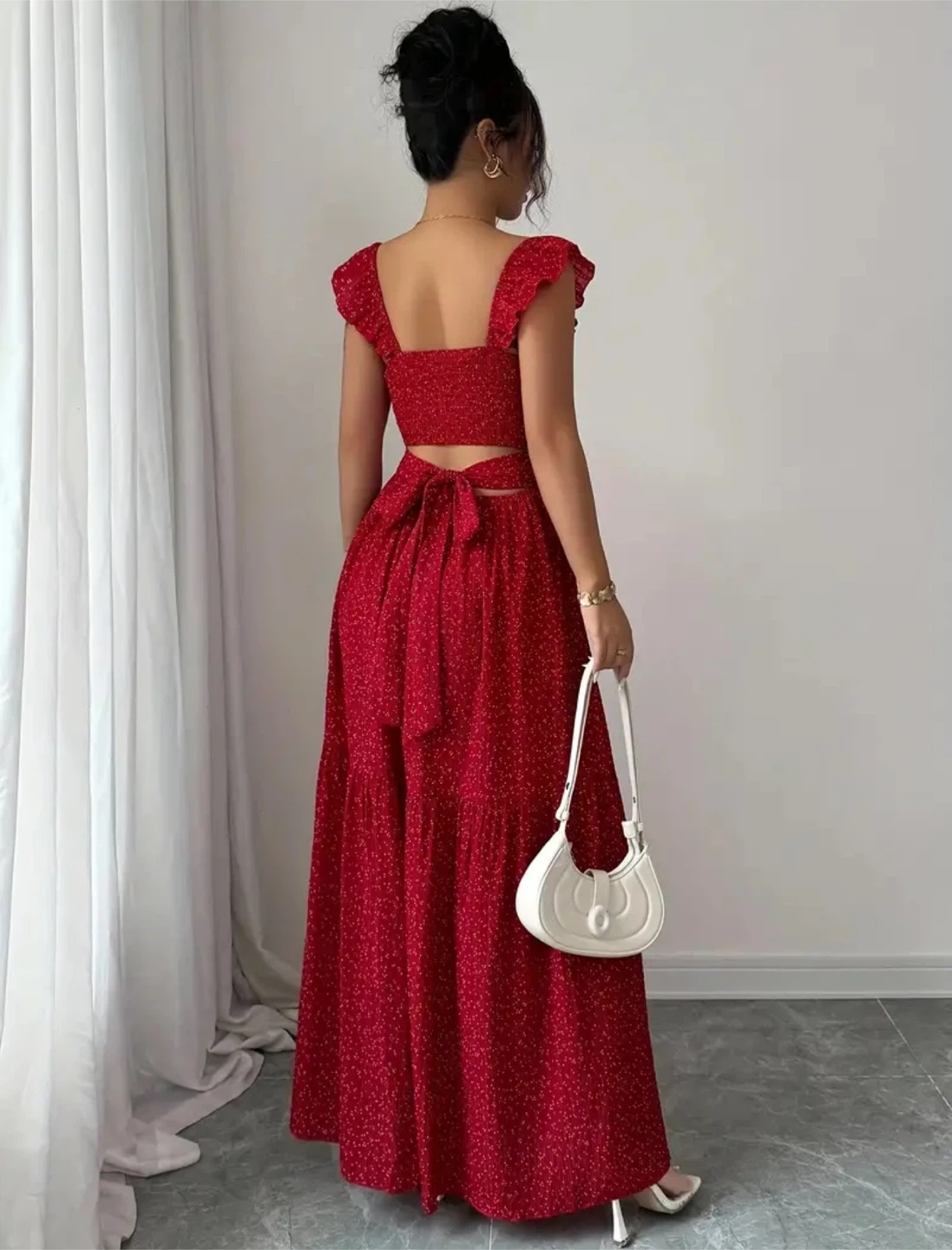 Red Polka Dot Maxi Dress with Ruffle Sleeves - XL - photo 2