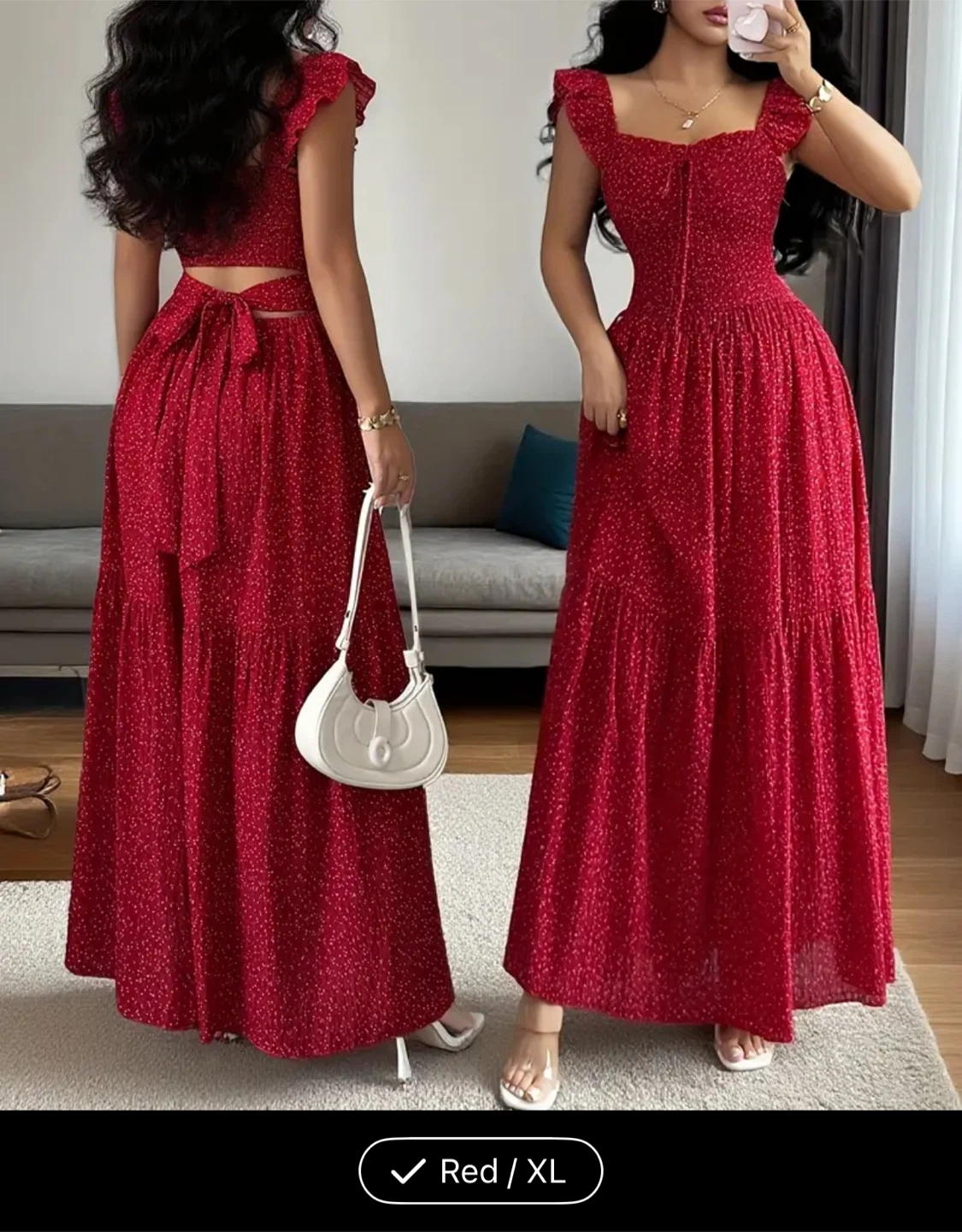 Red Polka Dot Maxi Dress with Ruffle Sleeves - XL