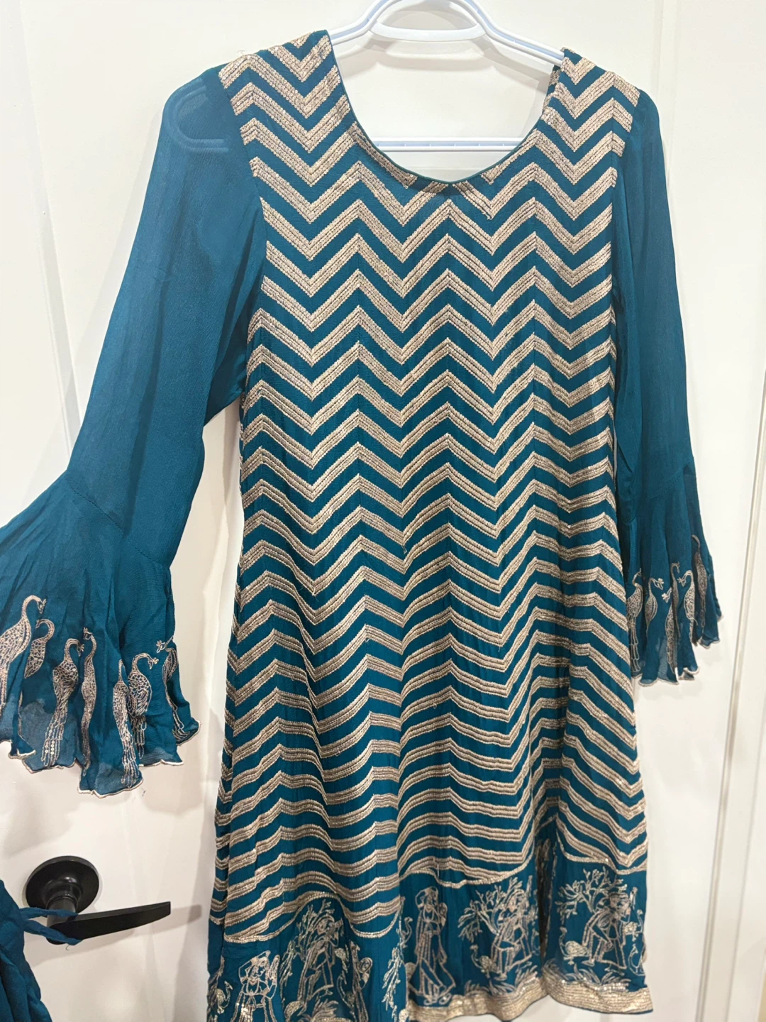 Teal Peacock Print ethnic suit with Bell Sleeves