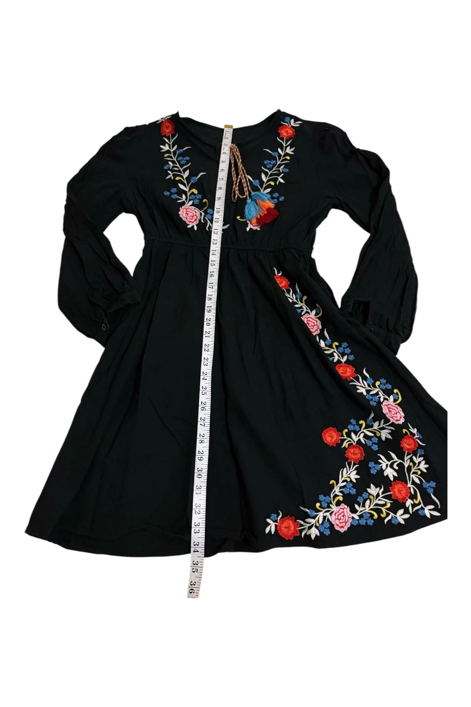 Black Embroidered Dress with Tassel Tie - photo 4