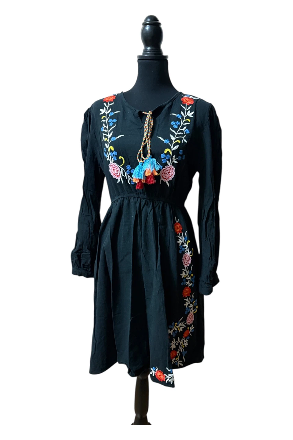 Black Embroidered Dress with Tassel Tie