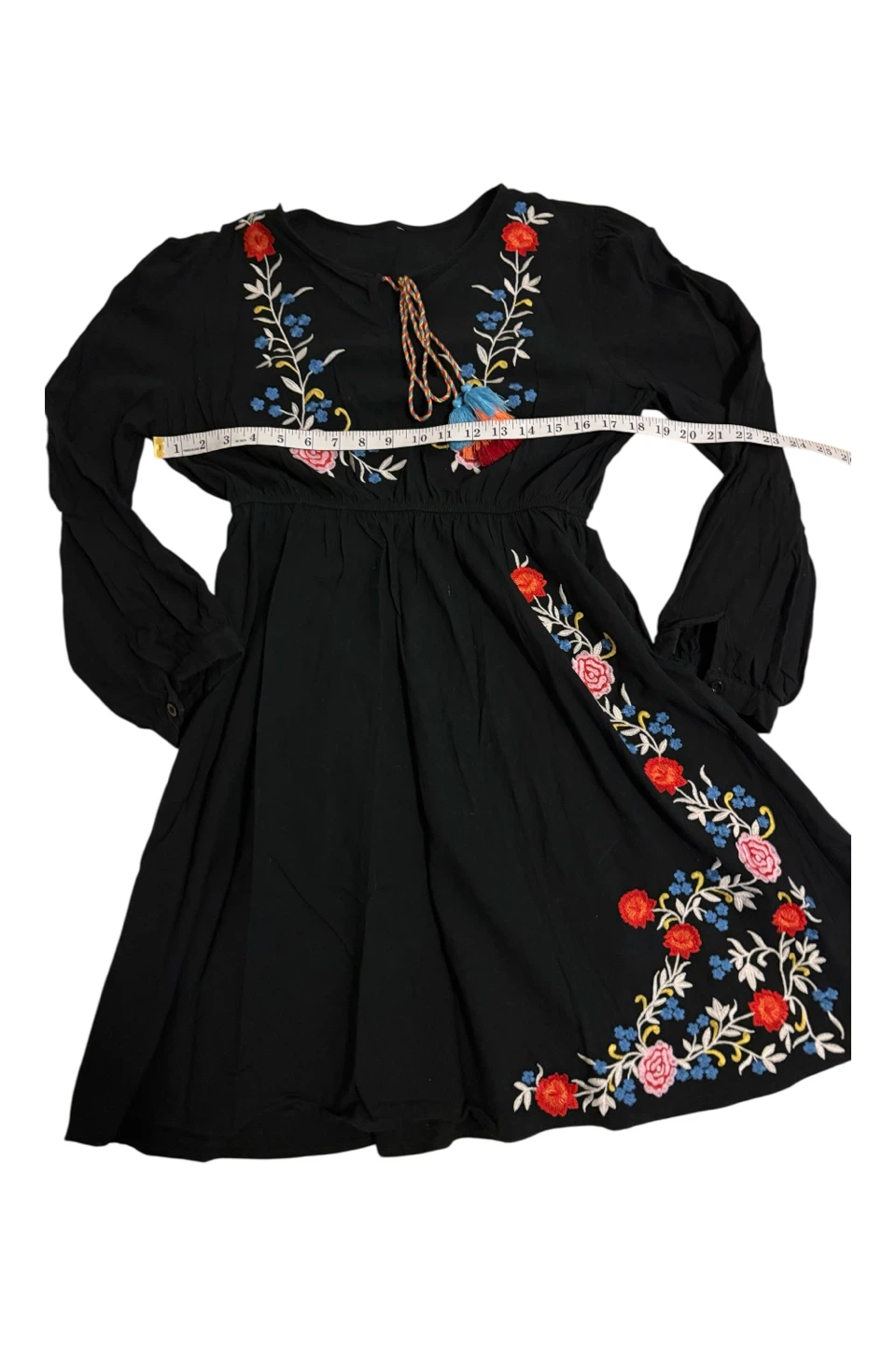 Black Embroidered Dress with Tassel Tie - photo 5
