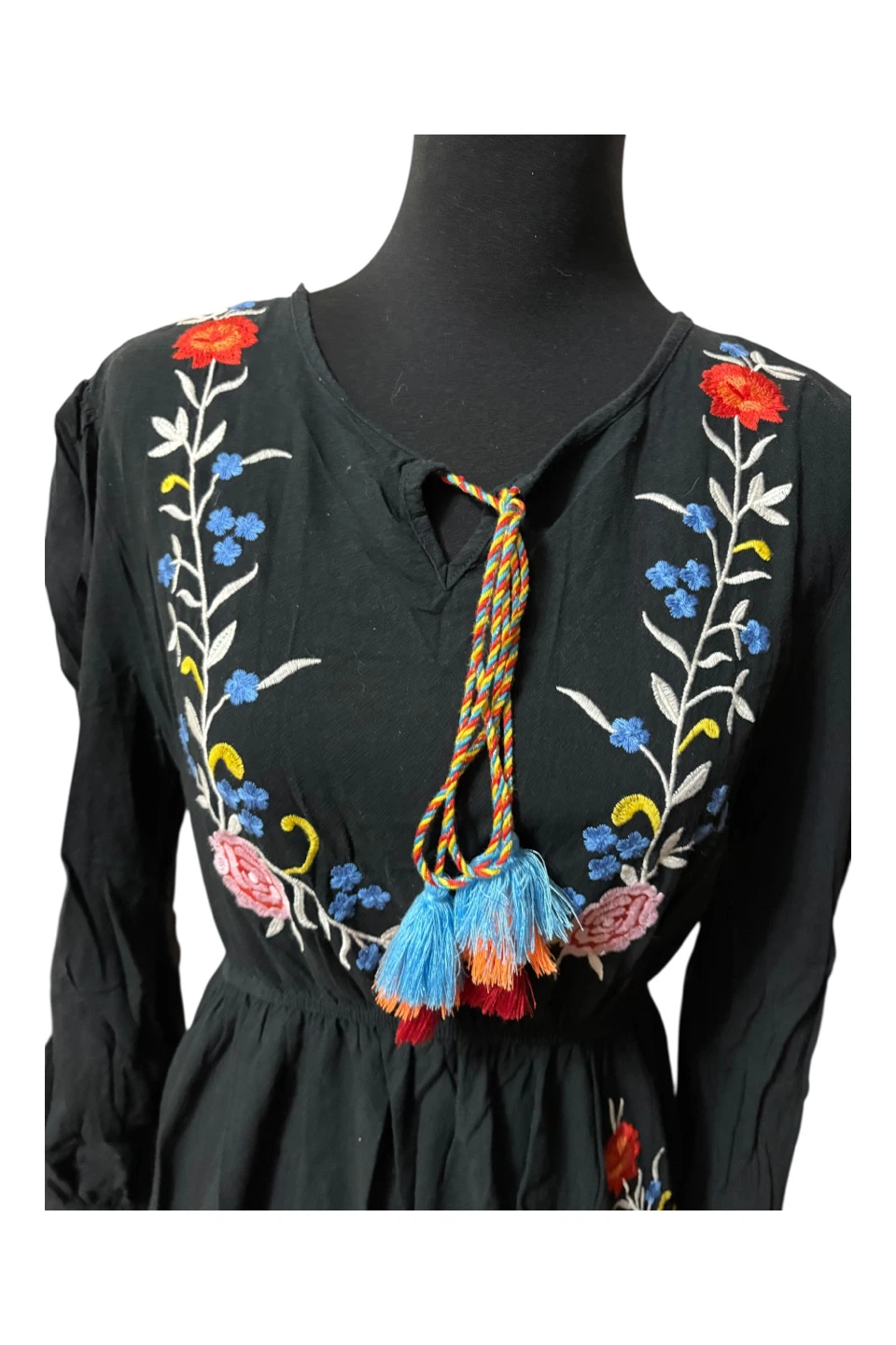 Black Embroidered Dress with Tassel Tie - photo 2