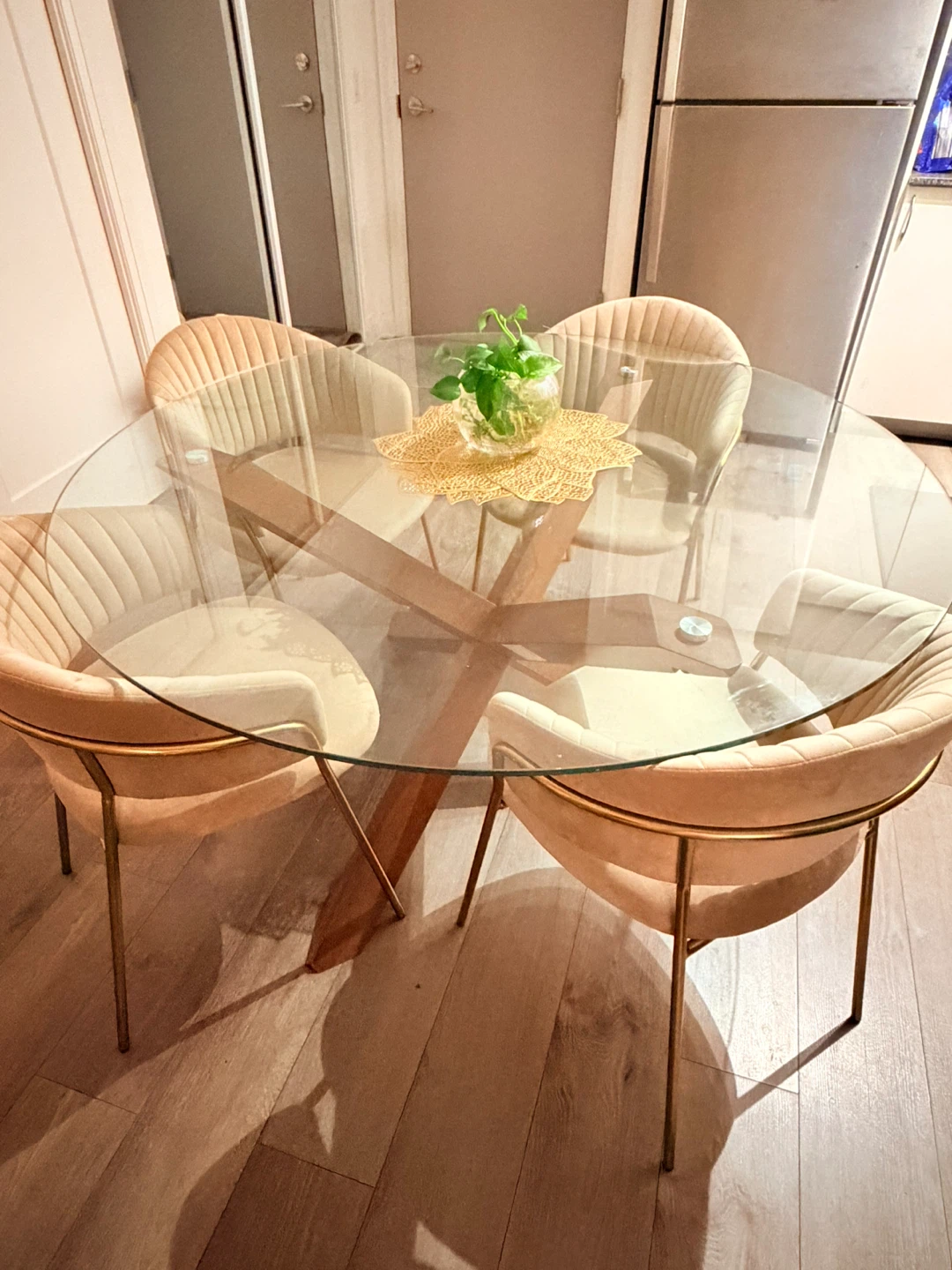 Glass Top Dining Table with Wooden X-Base