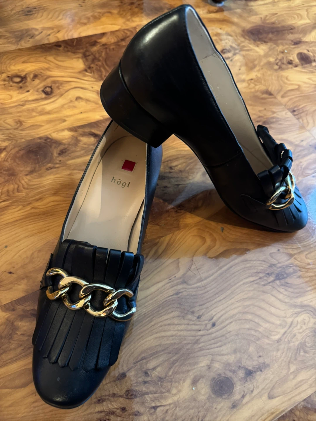 Hogl Black Leather Loafers with Gold Chain Detail
