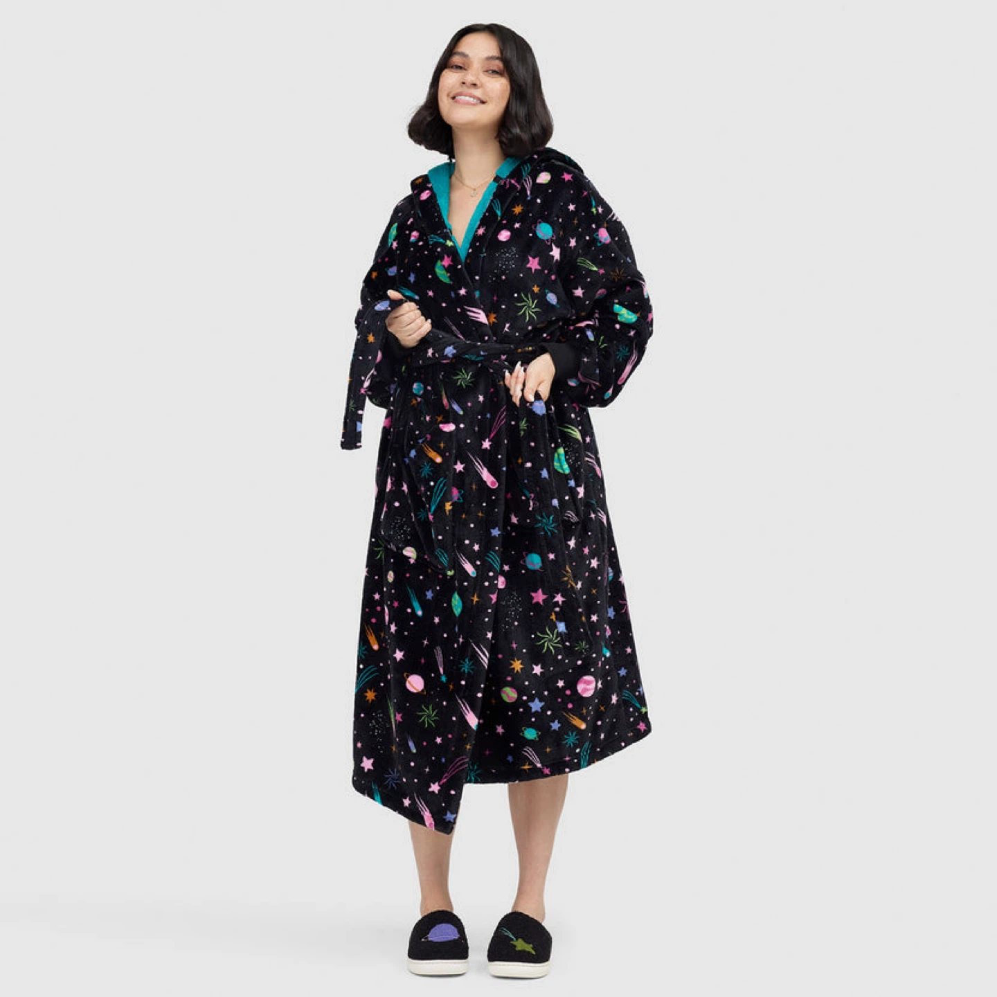 Black Galaxy Print Hooded Robe