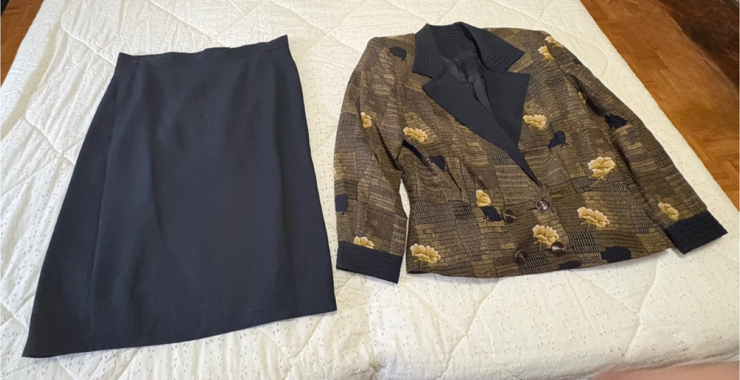 Vintage Patterned Blazer and Black Skirt