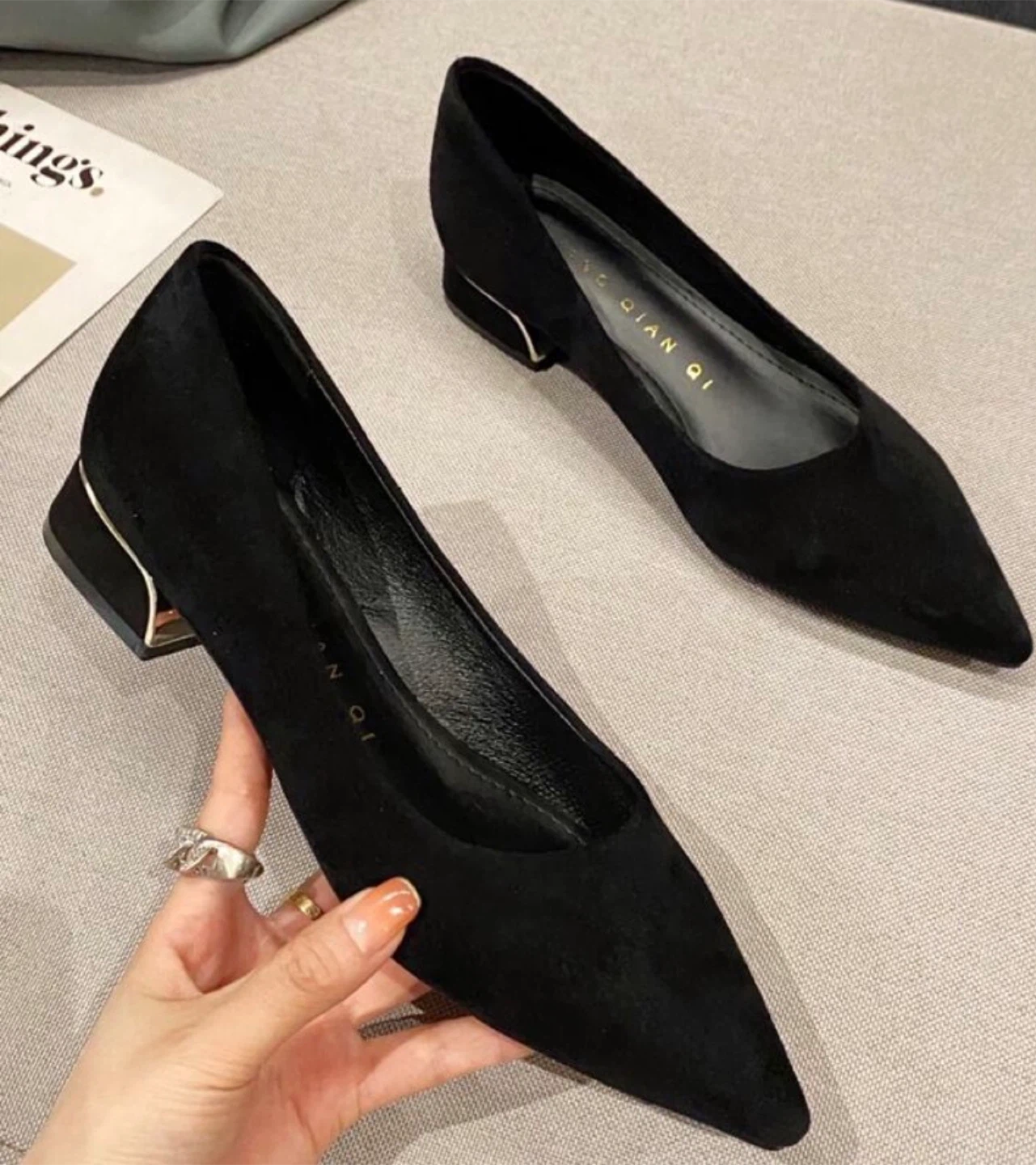 Black Suede V-Neck Heels