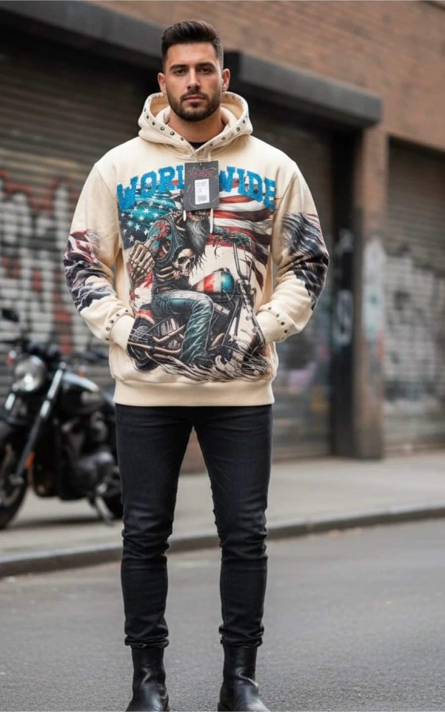 STRAY INDUSTRIES Worldwide Skeleton Graphic Hoodie Size M