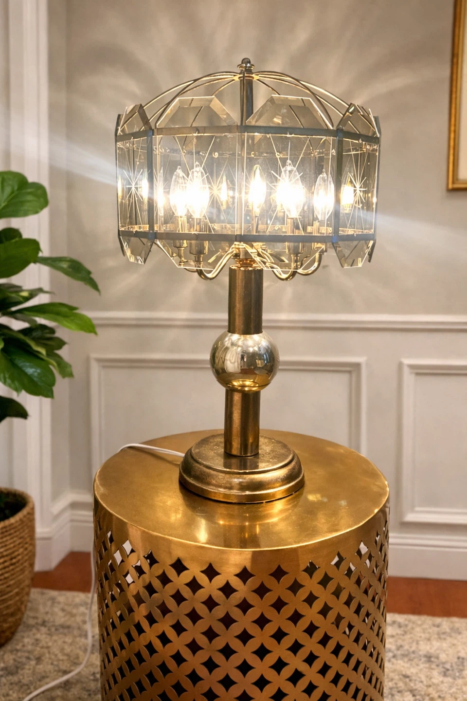 Brass "Starburst" Etched glass Table Lamp (MCM)