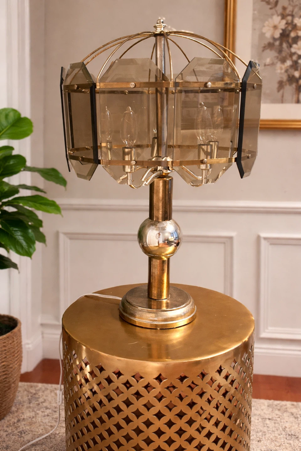 Brass "Starburst" Etched glass Table Lamp (MCM) - photo 2
