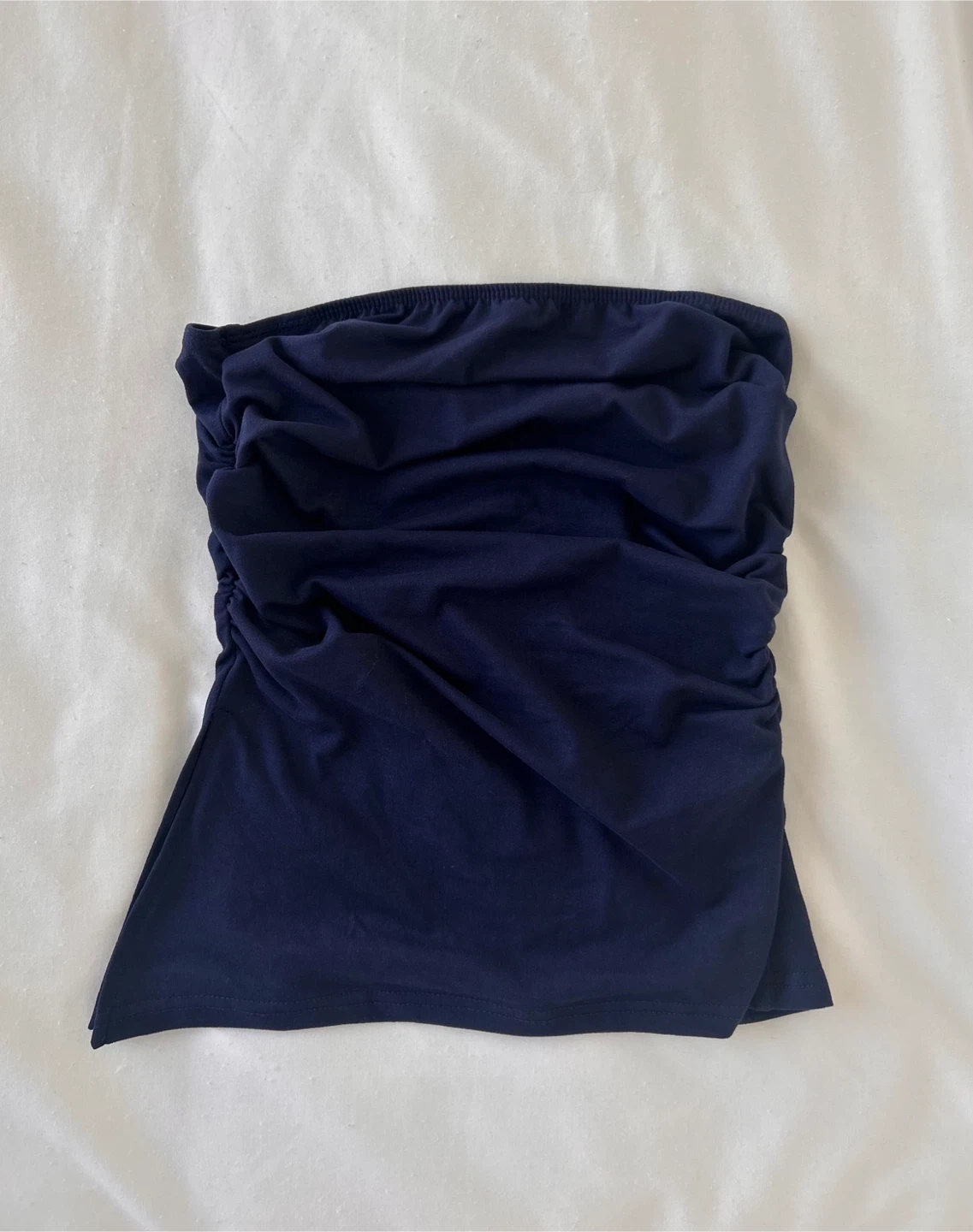 Navy Blue Asymmetrical Ruched Tube Top