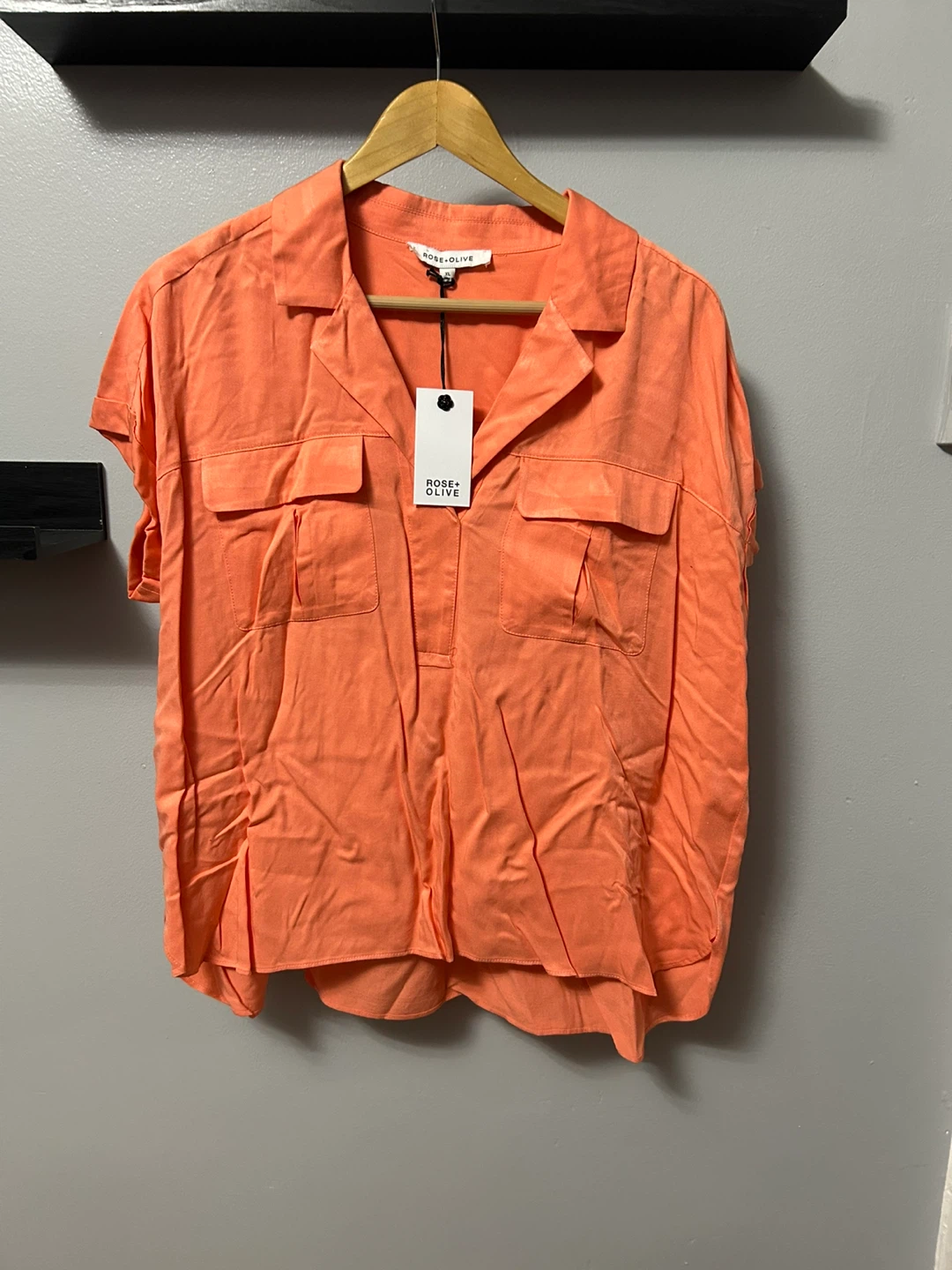 Rose + Olive Orange Button-Up Shirt with Pockets - XL