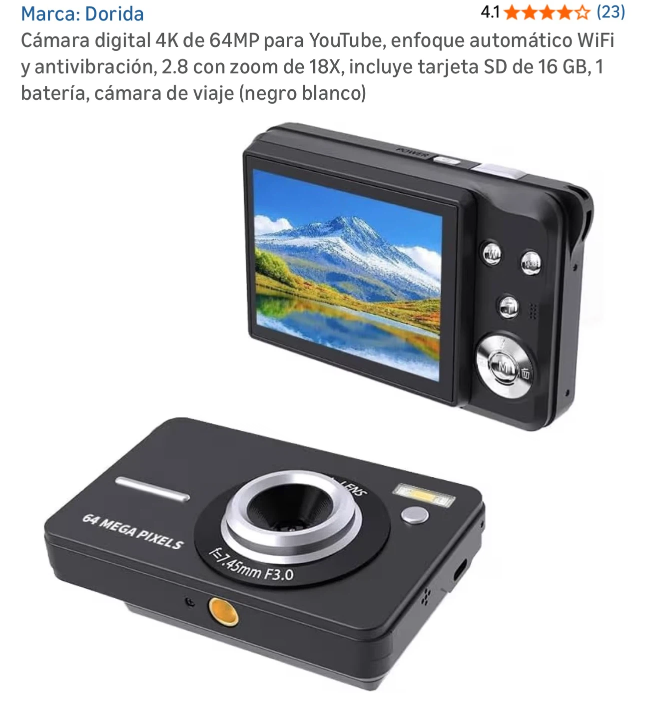 Dorida Digital Camera 4K 64MP 18X Zoom, WiFi, 16GB SD Card