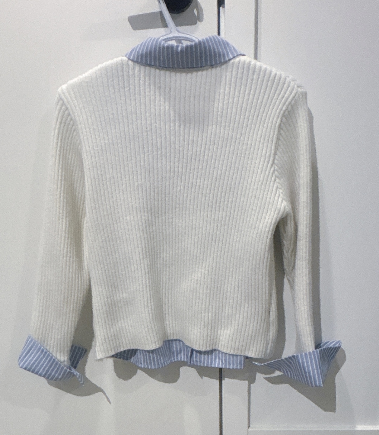 White Ribbed Knit Cardigan with Blue Striped Shirt Insert - photo 2