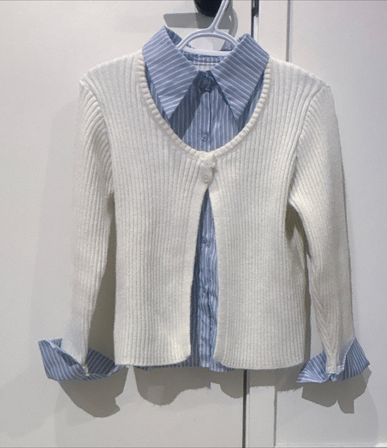 White Ribbed Knit Cardigan with Blue Striped Shirt Insert