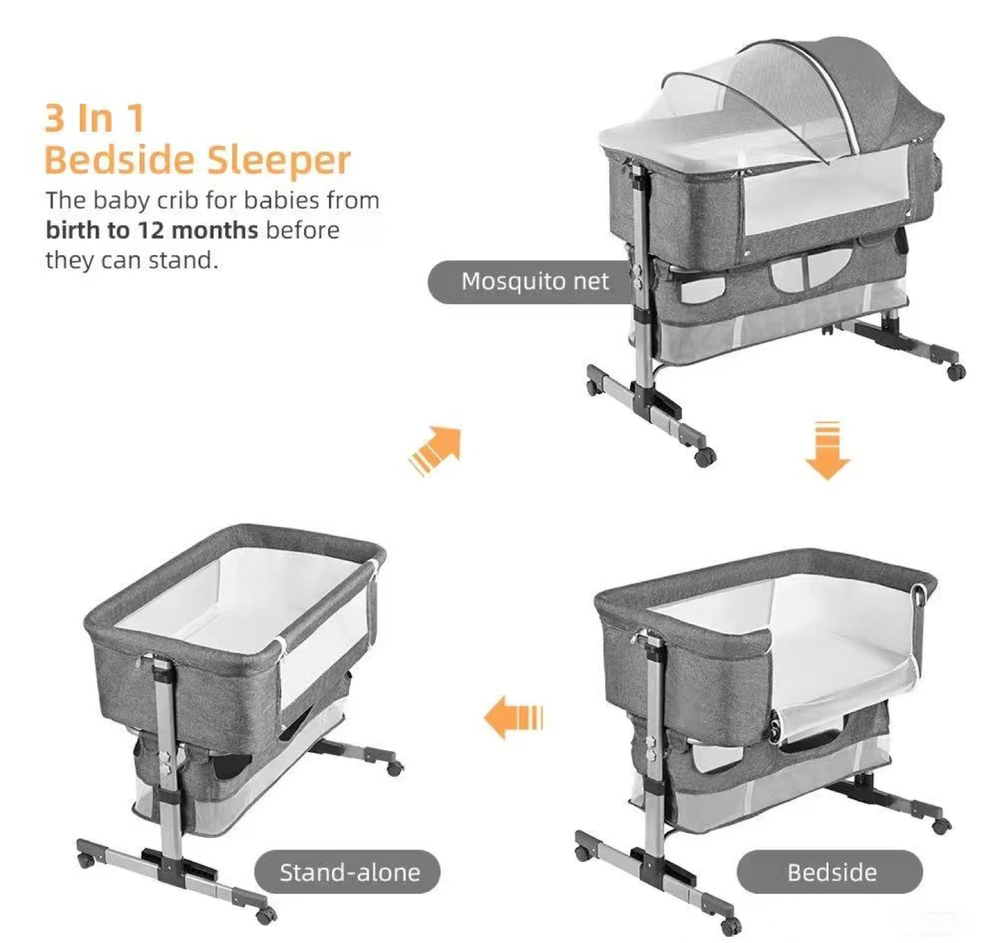 3 In 1 Bedside Sleeper Crib for Babies