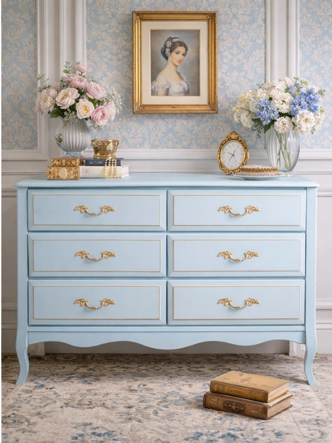 Light Blue Dresser with Gold Accents