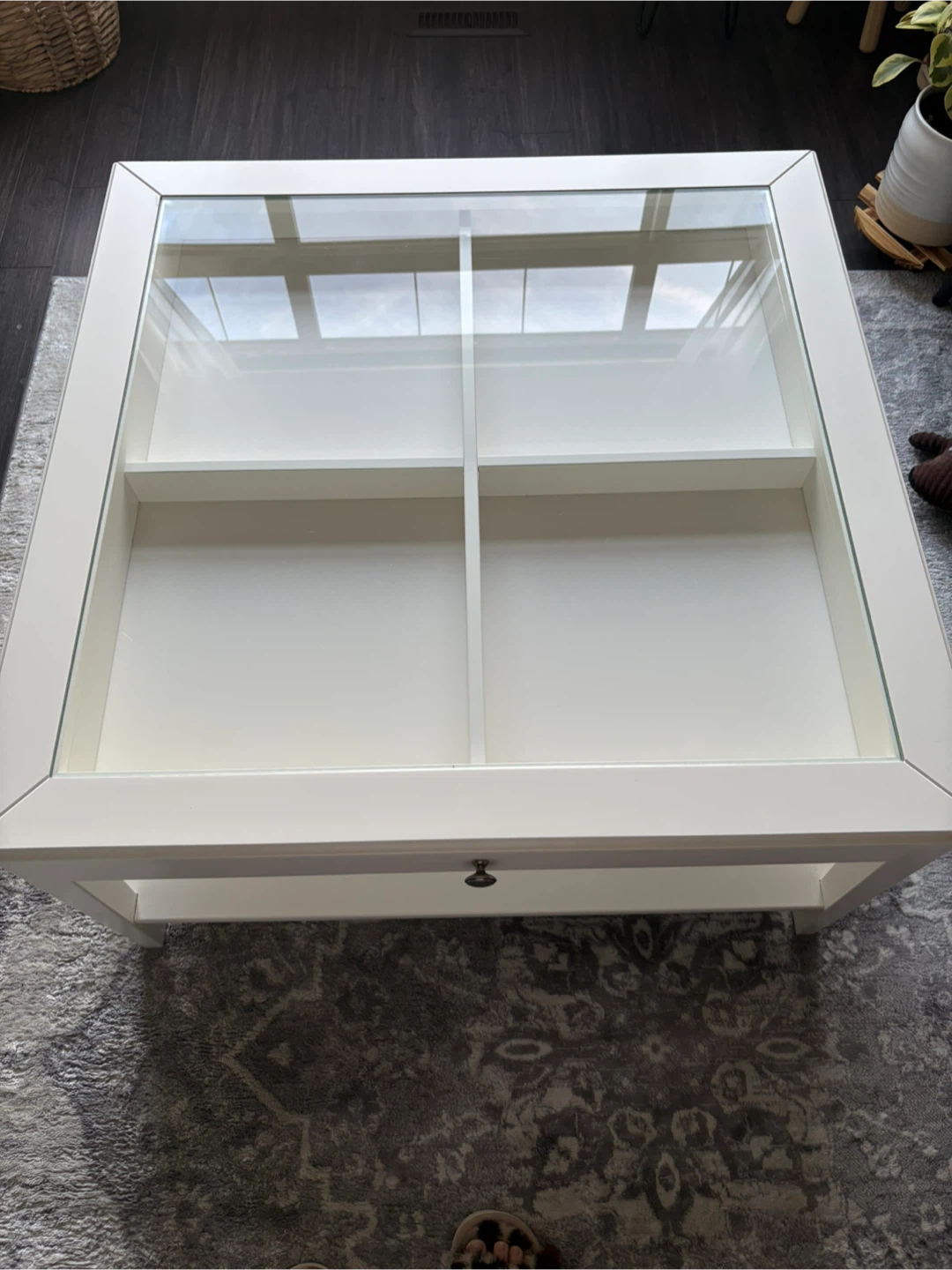 White Coffee Table with Glass Top and Drawer