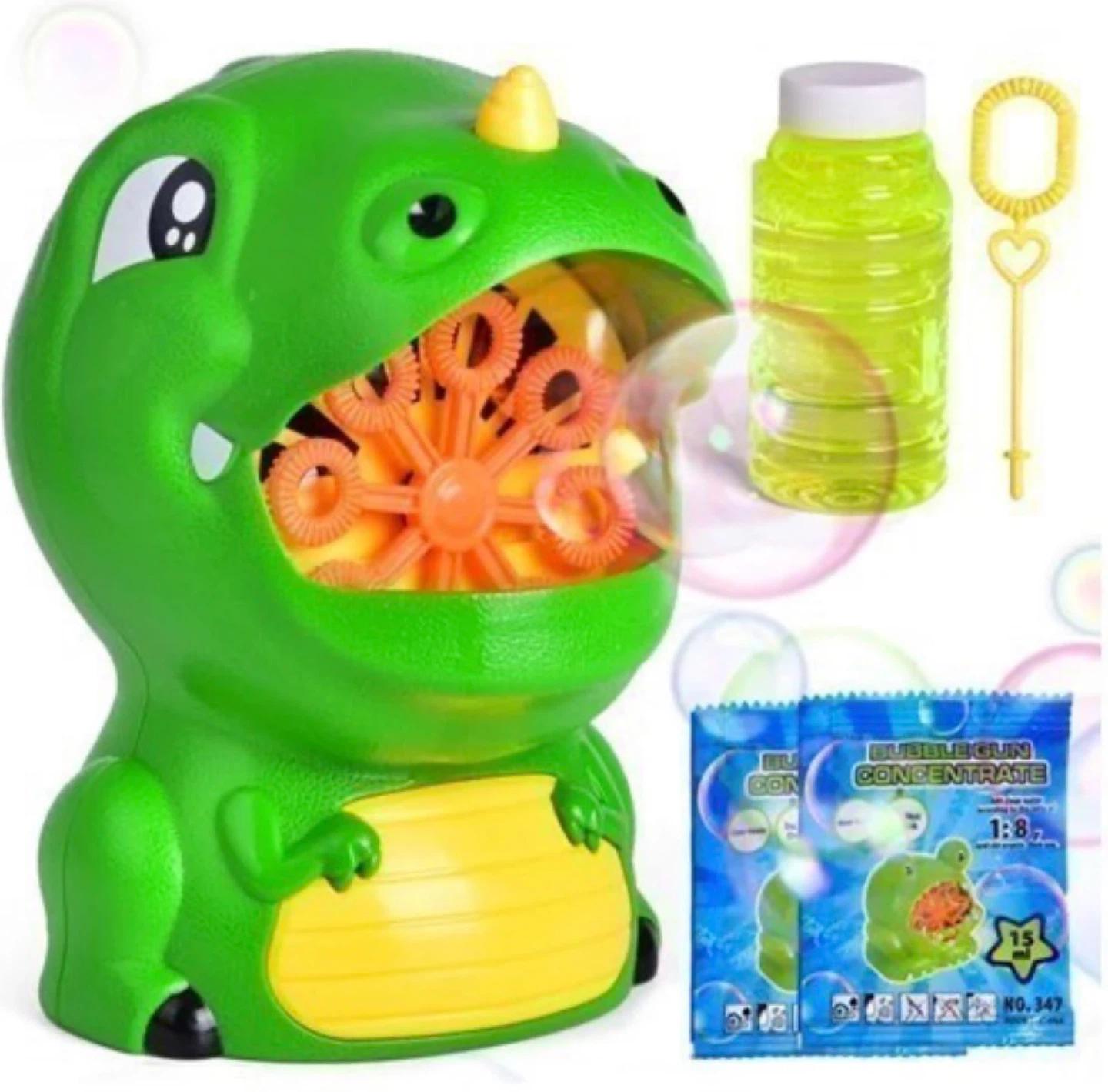 Green Dinosaur Automatic Bubble Machine with 2 Bubble Solutions