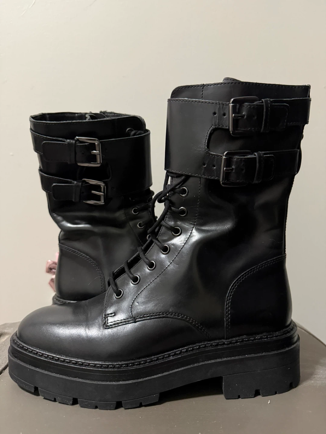 Black Leather Combat Boots with Buckles