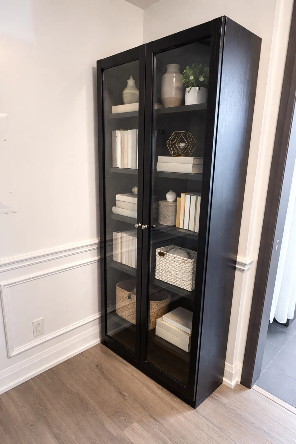 Dark Wood Glass Door Bookshelf