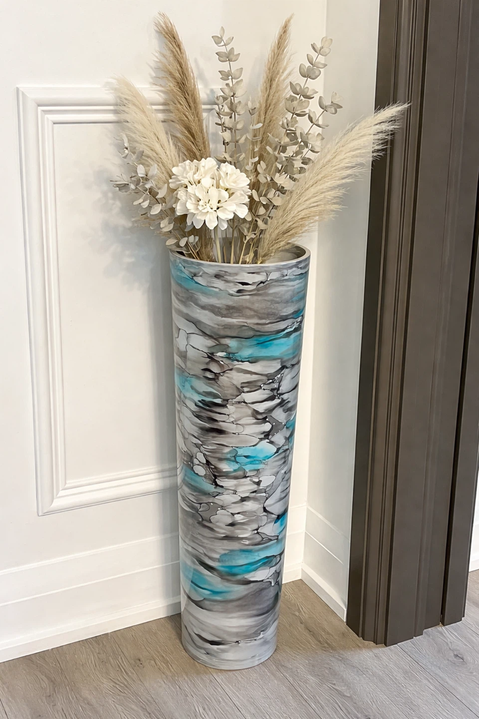 Tall Cylindrical Vase with Marbled Design