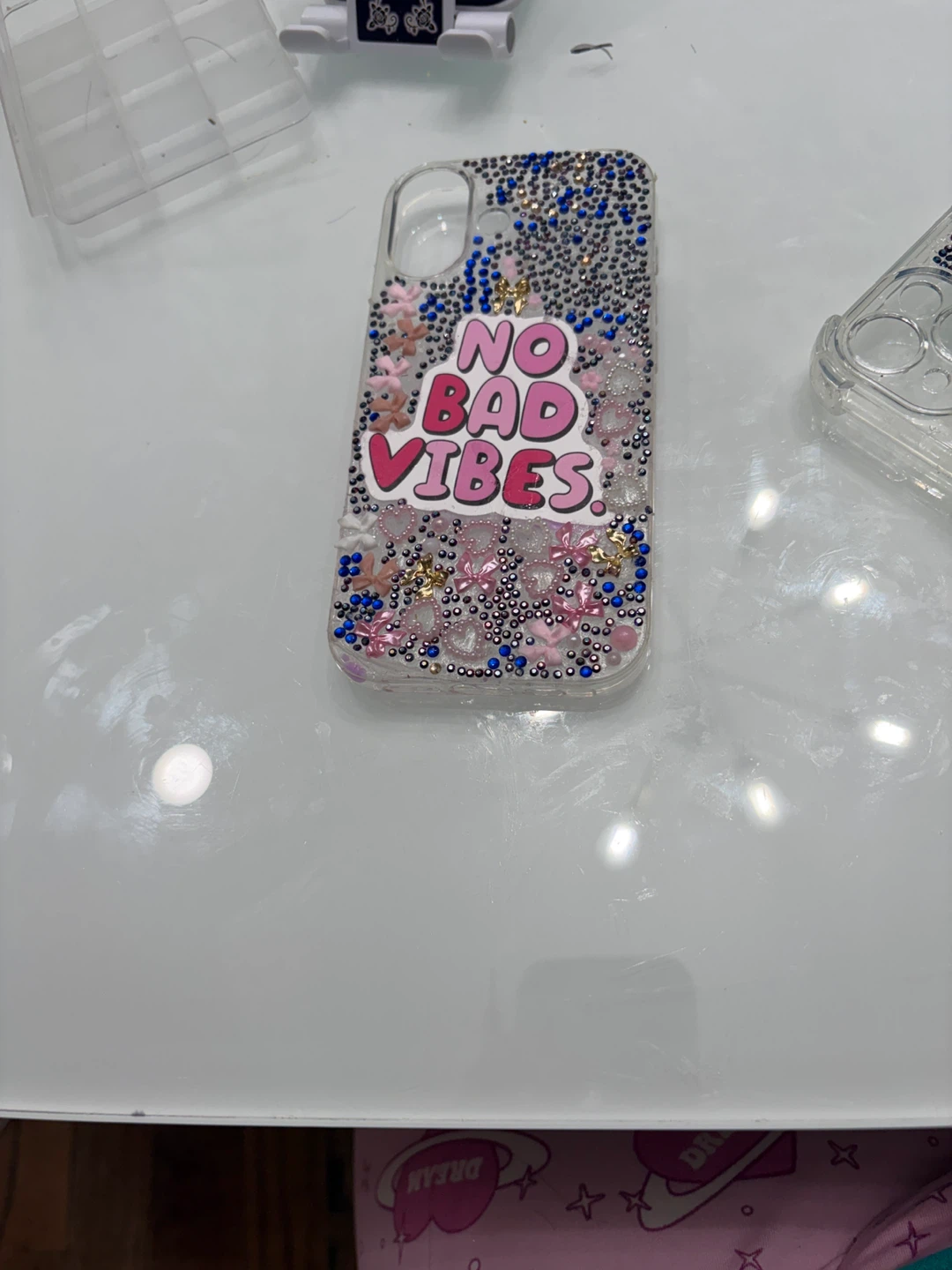 Phone Case "No Bad Vibes" Rhinestone Embellished