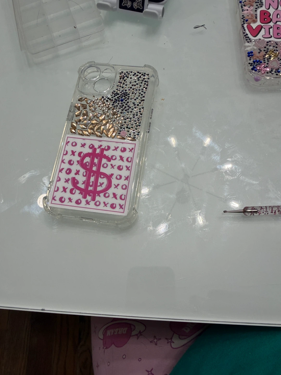 Clear Phone Case with Rhinestones and Dollar Sign Design