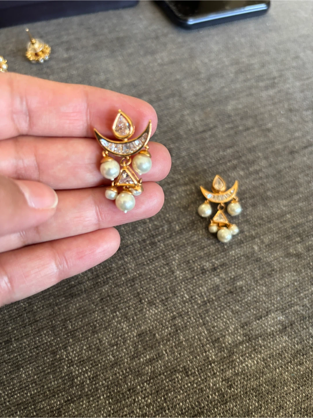 Gold Tone Crescent Moon Dangle Earrings with Pearls