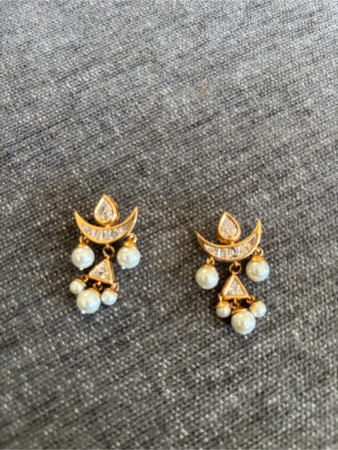 Gold Tone Crescent Moon Dangle Earrings with Pearls - photo 2