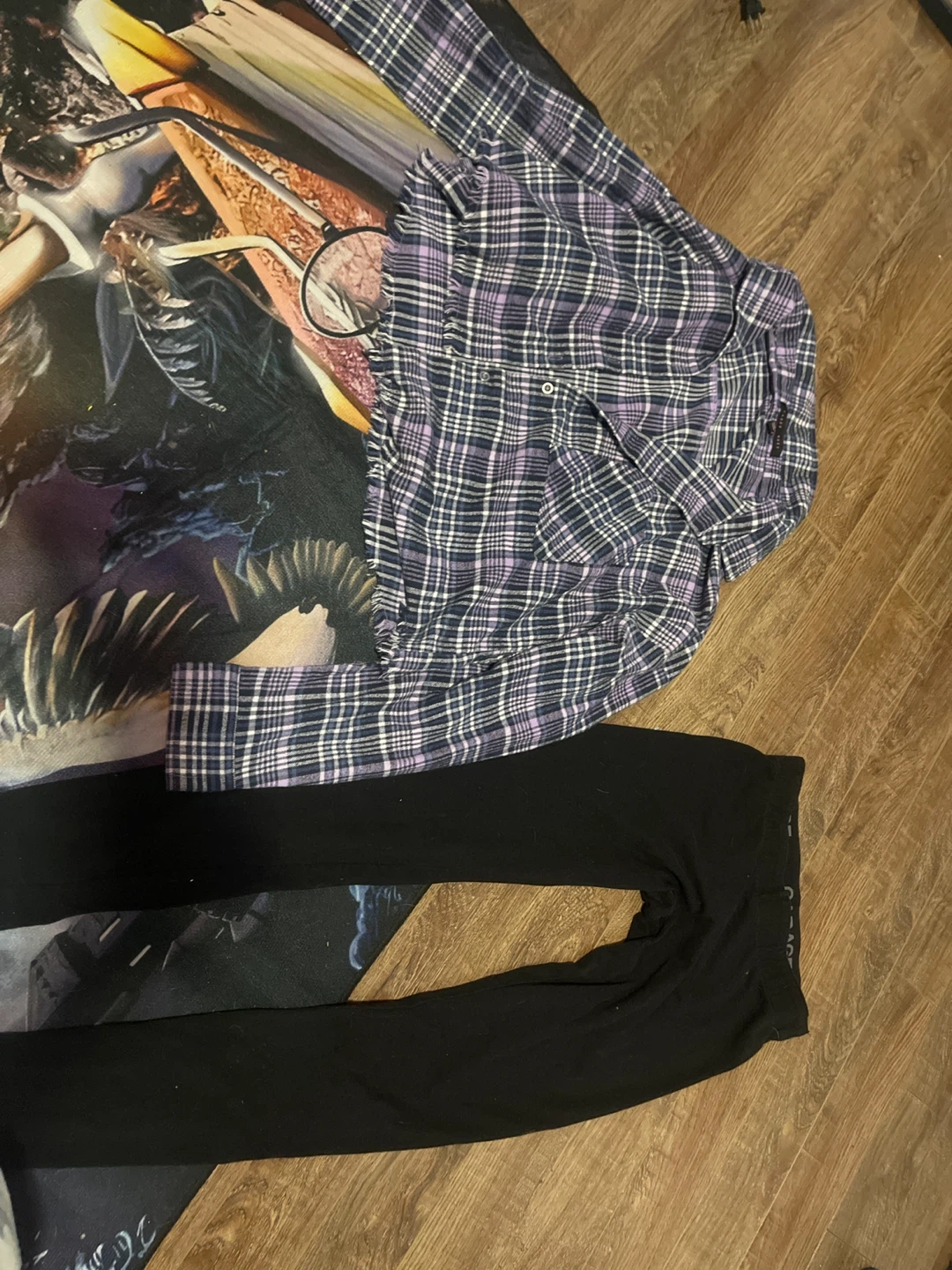 Plaid Button-Up Shirt and Black Leggings