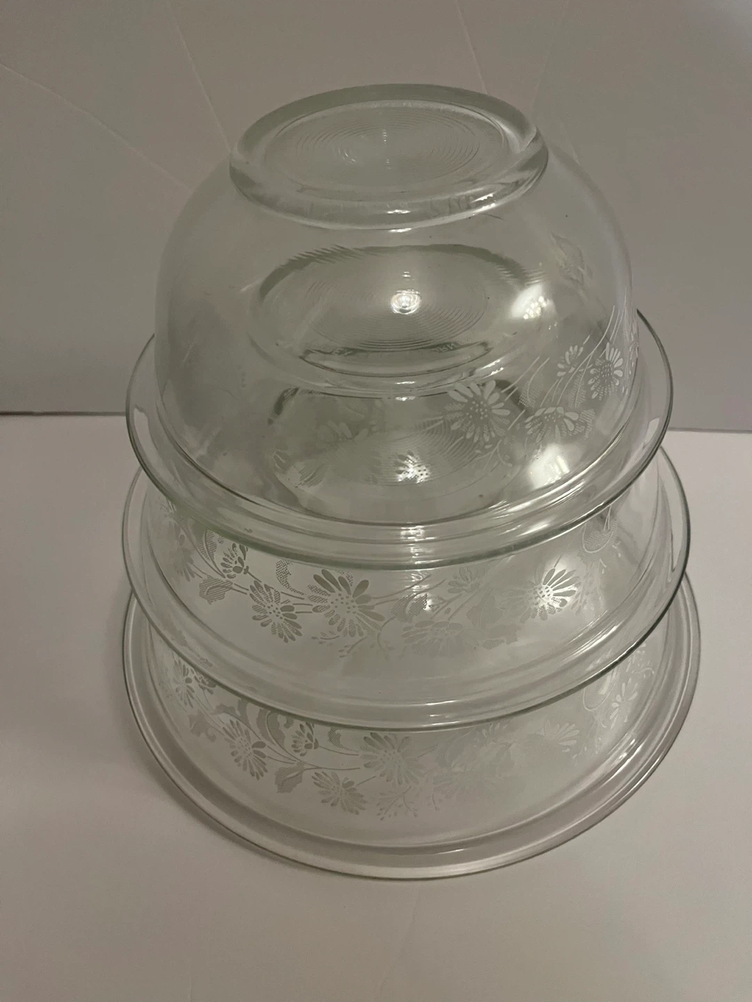 Vintage Glass Mixing Bowls Set of 3 Floral Etch
