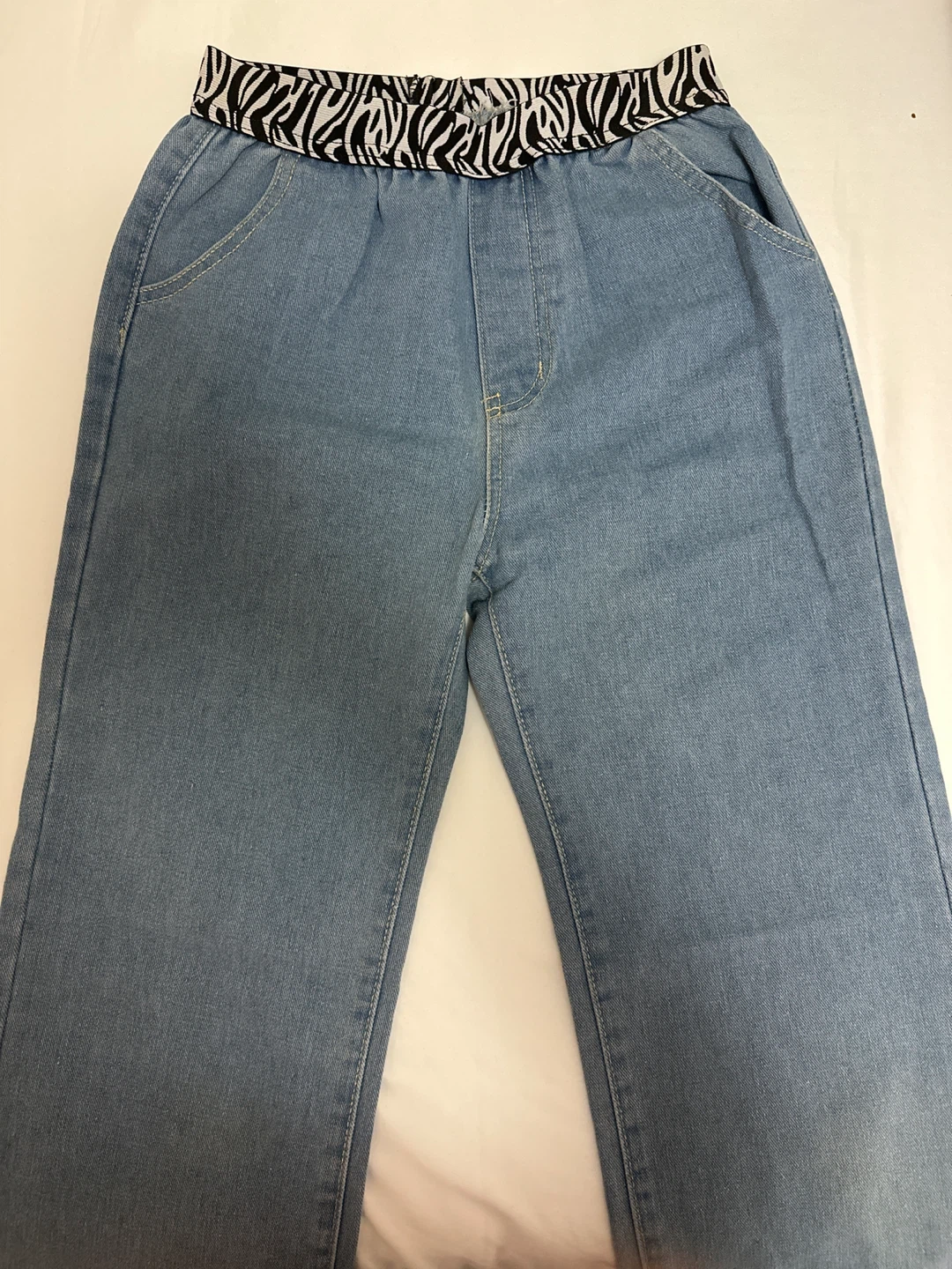 Light Wash Denim Wide Leg Pants with Zebra Print Waistband - photo 2