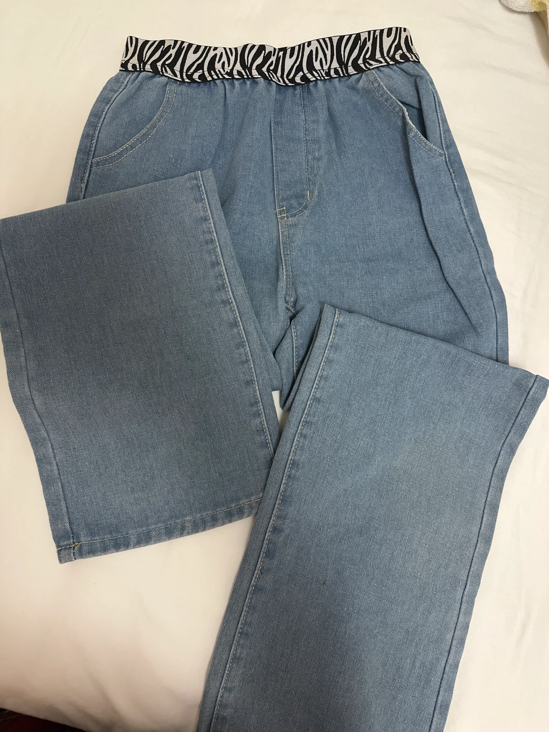 Light Wash Denim Wide Leg Pants with Zebra Print Waistband