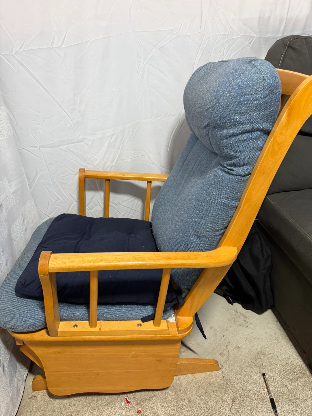 Wooden Glider Rocking Chair with Blue Cushions
