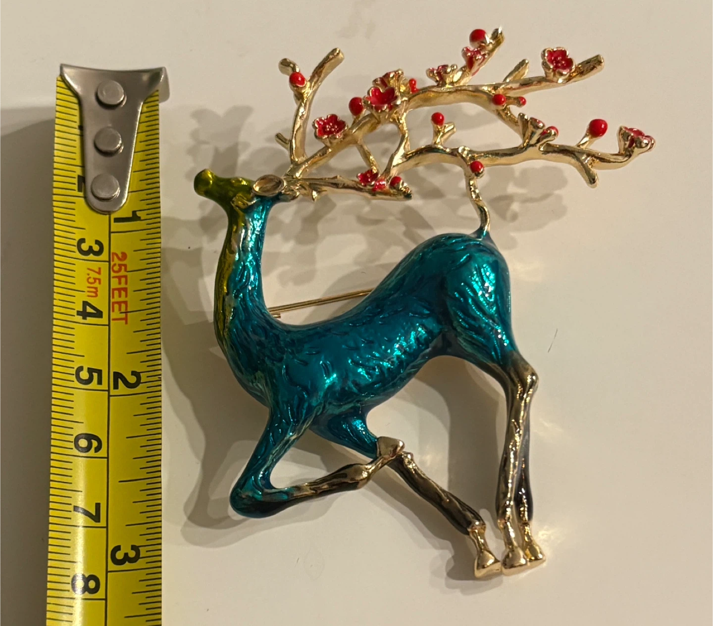 Beautiful Gold & Teal Reindeer Brooch with Red Flowers - photo 3
