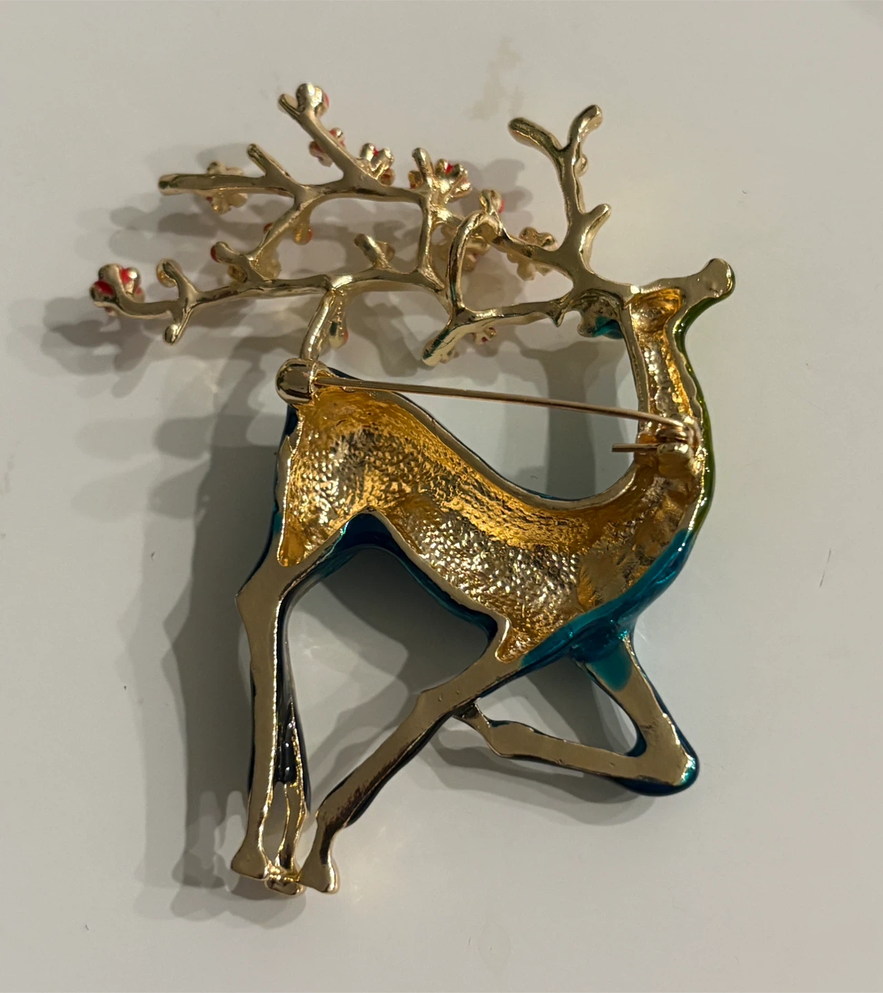 Beautiful Gold & Teal Reindeer Brooch with Red Flowers - photo 2