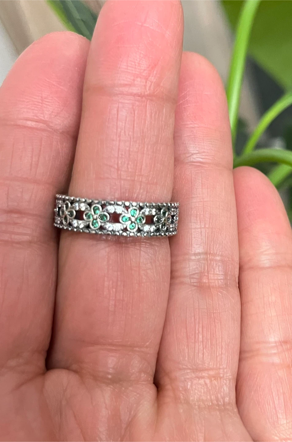 Sterling Silver plated Flower Ring with Green and White Stones