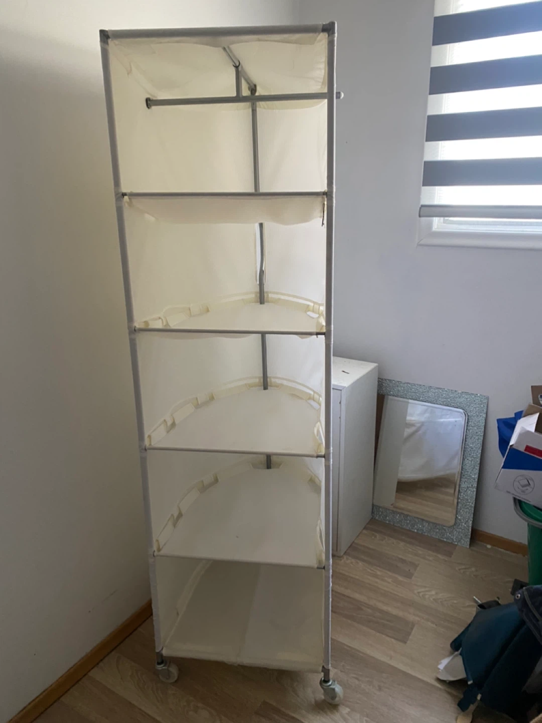 White Corner Shelf Unit with Wheels
