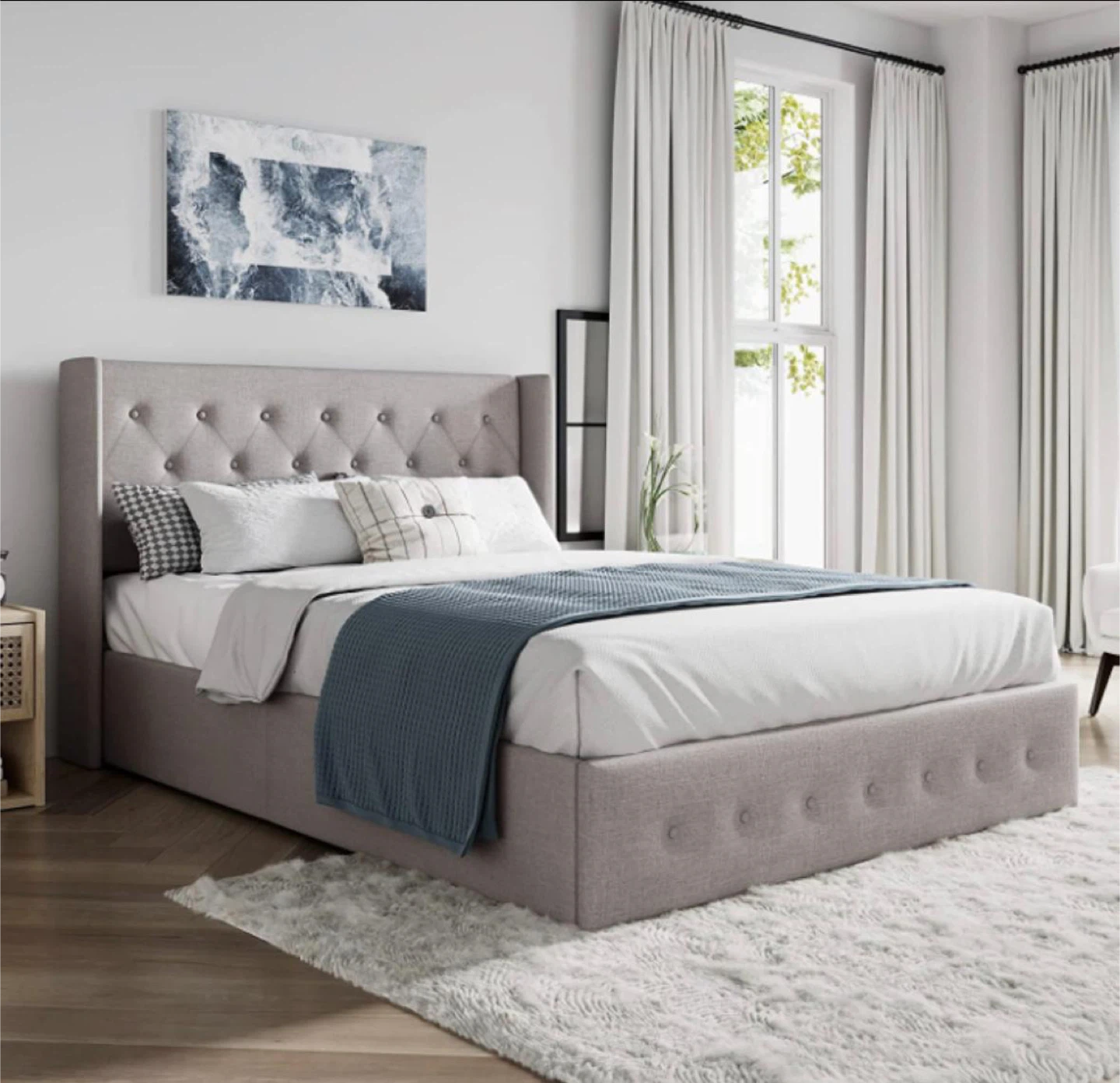 Grey Upholstered Button Tufted Bed Frame