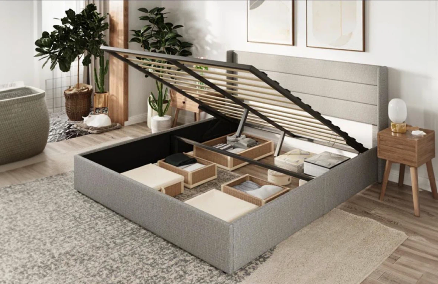 Grey Upholstered Storage Bed Frame - photo 2