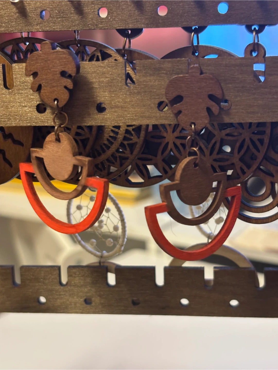 Wooden Geometric Earrings - Natural & Orange - photo 2