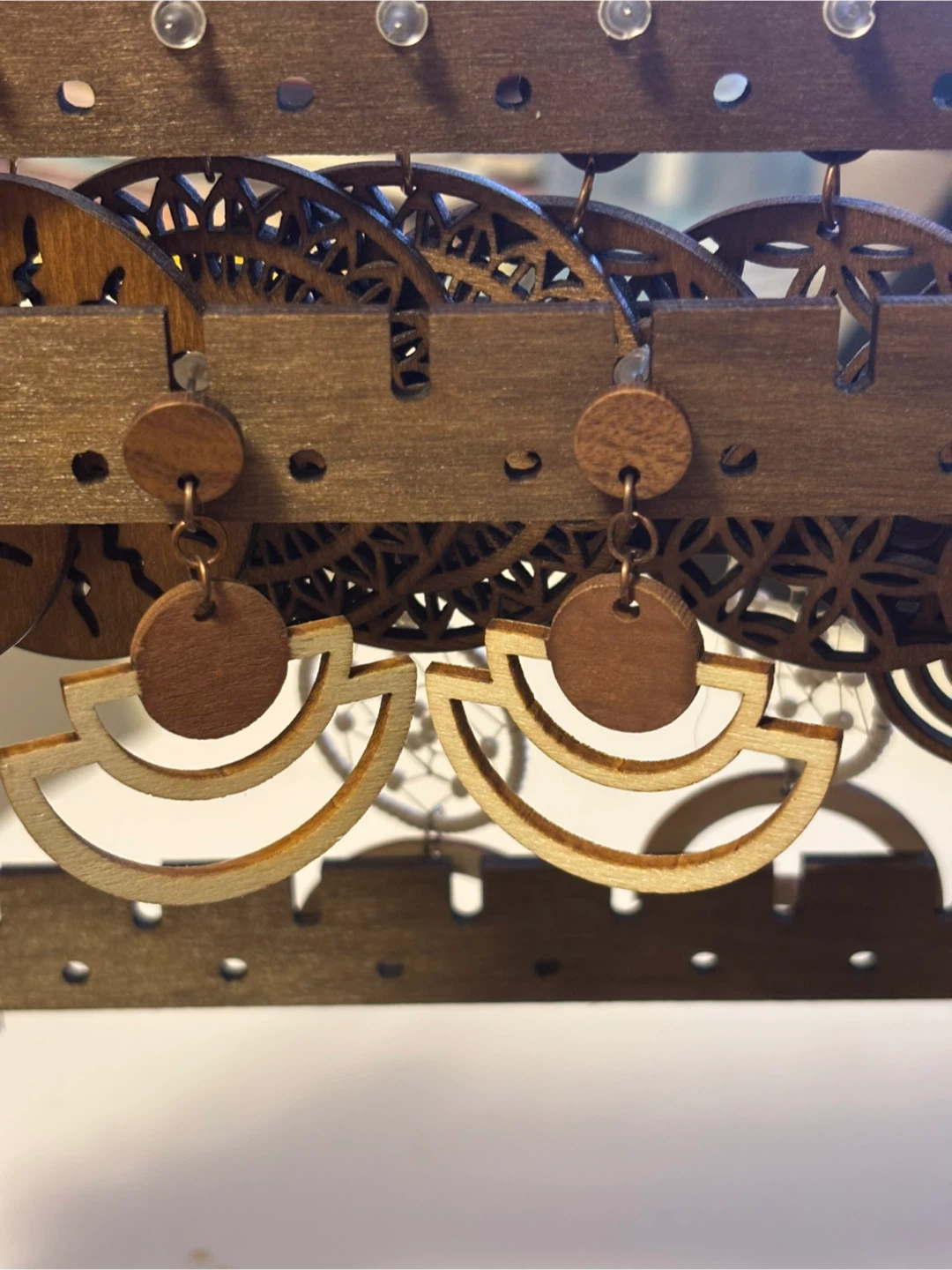 Wooden Geometric Earrings - Natural & Orange