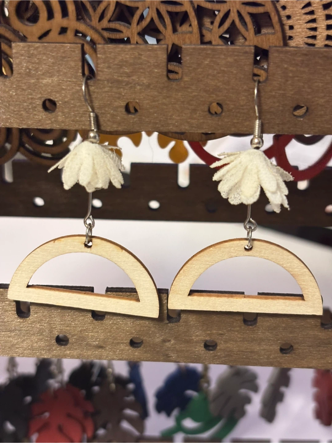 Wood Rainbow Earrings with White Flower Accent - photo 2