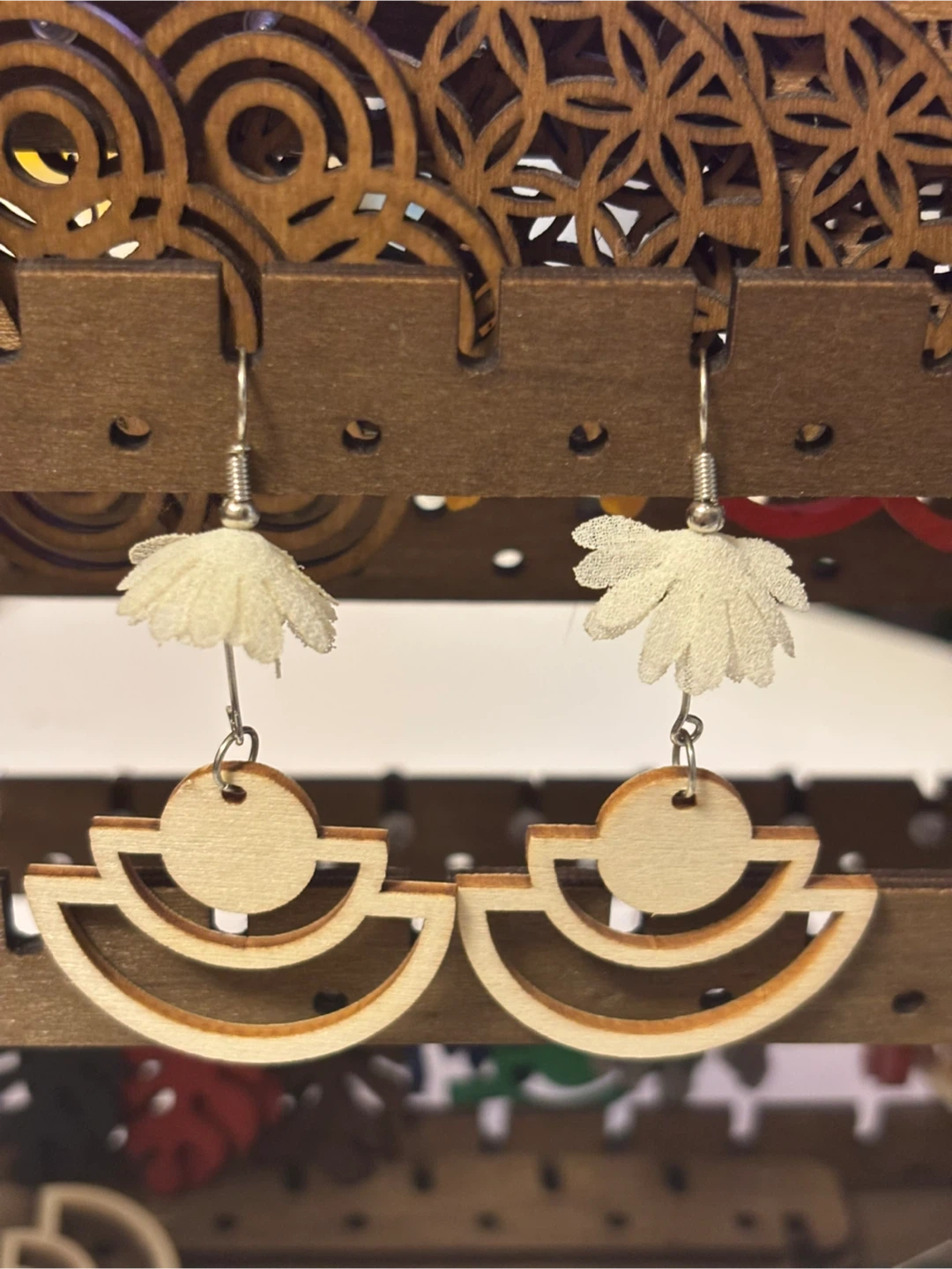 Wood Rainbow Earrings with White Flower Accent - photo 5