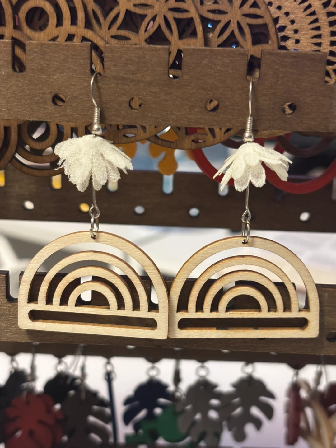 Wood Rainbow Earrings with White Flower Accent - photo 3