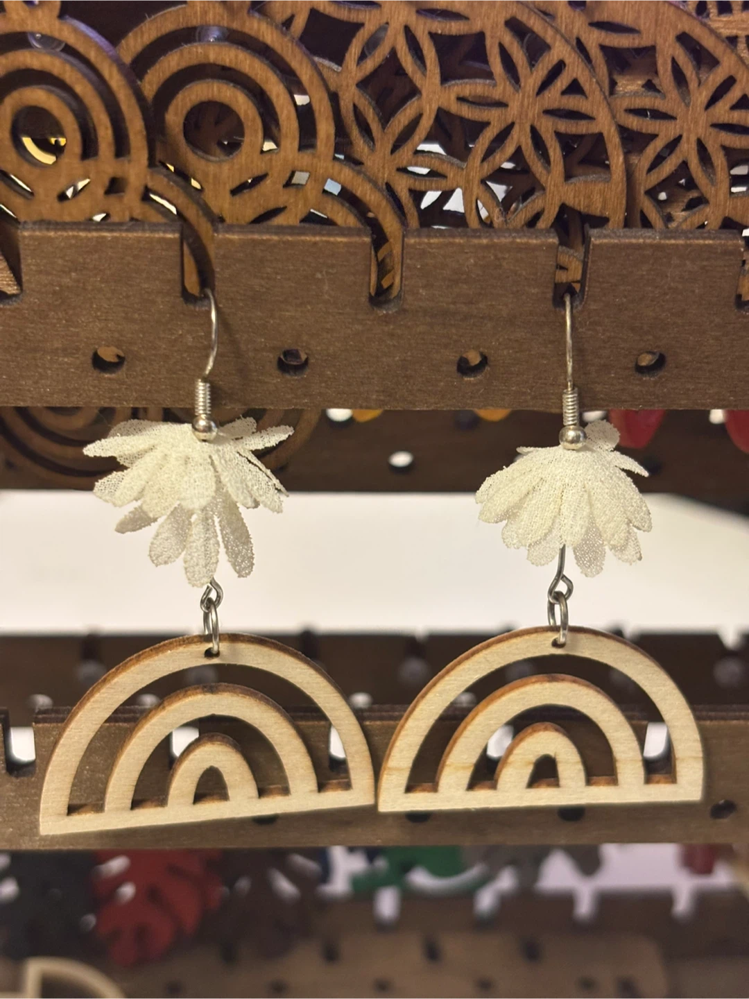 Wood Rainbow Earrings with White Flower Accent - photo 4